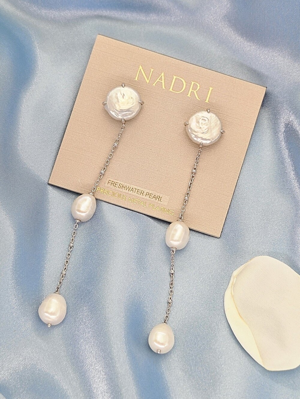 Nadri Dot Dot Dot Mixed Freshwater Pearl Linear Rhodium Plated Earrings Boho - Picture 2 of 2